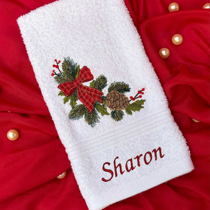 Personalized Pine & Bow Embroidered Cotton Hand Towel | Xmas Gifting Ideas