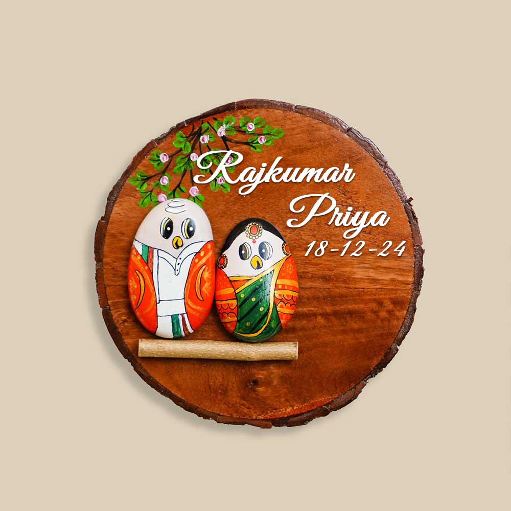 Personalized Pebble Art Wedding Owls Tree Bark Name Plate