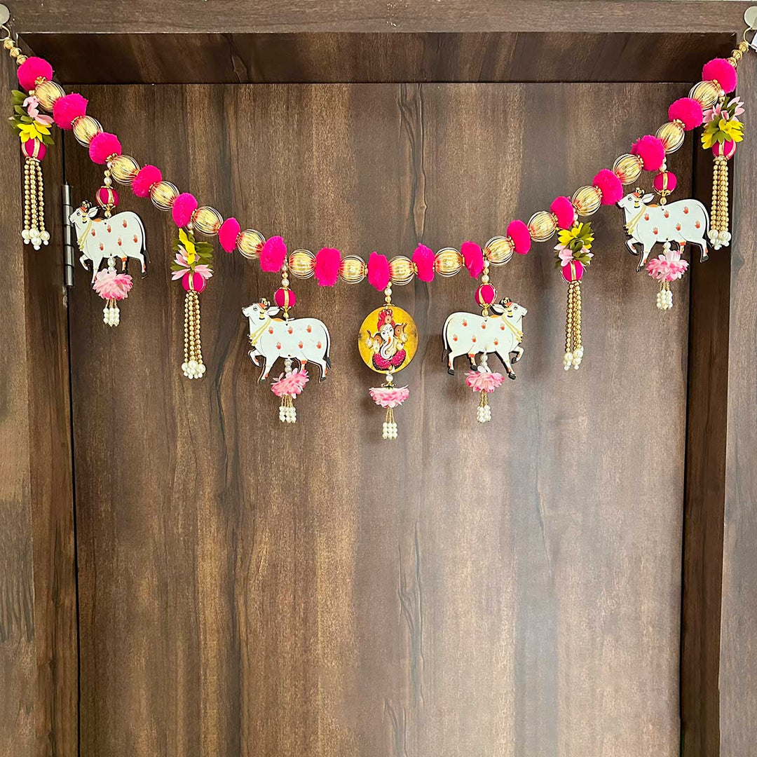 Handmade Pinkpom Poms With Ganesha & Cow Pichwai Toran