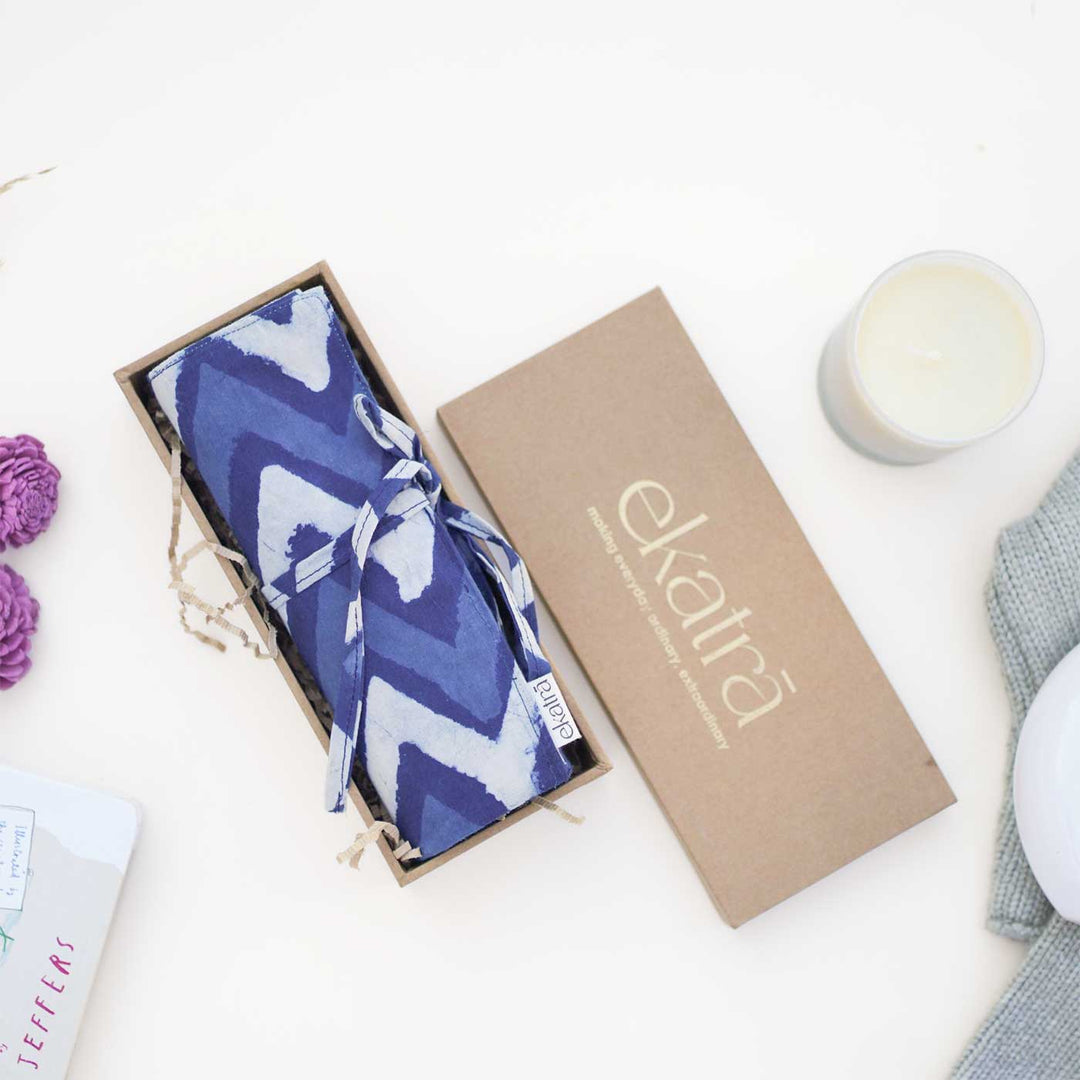 Hand-stitched Cotton Fabric Indigo Chevron Roll Up Case