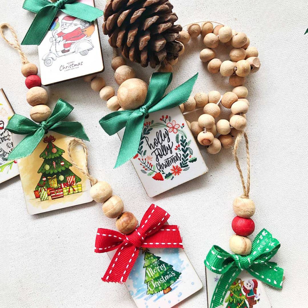 Printed Beaded Mdf Wood Ornaments For Christmas Tree Decoration | Set Of 4