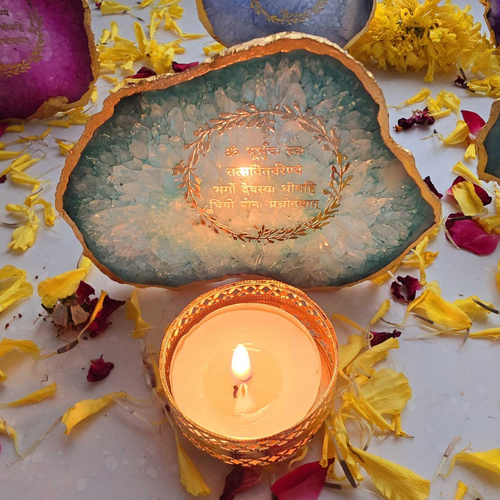 Handmade Green Gayatri Mantra Agate Stone Tea Light Holder