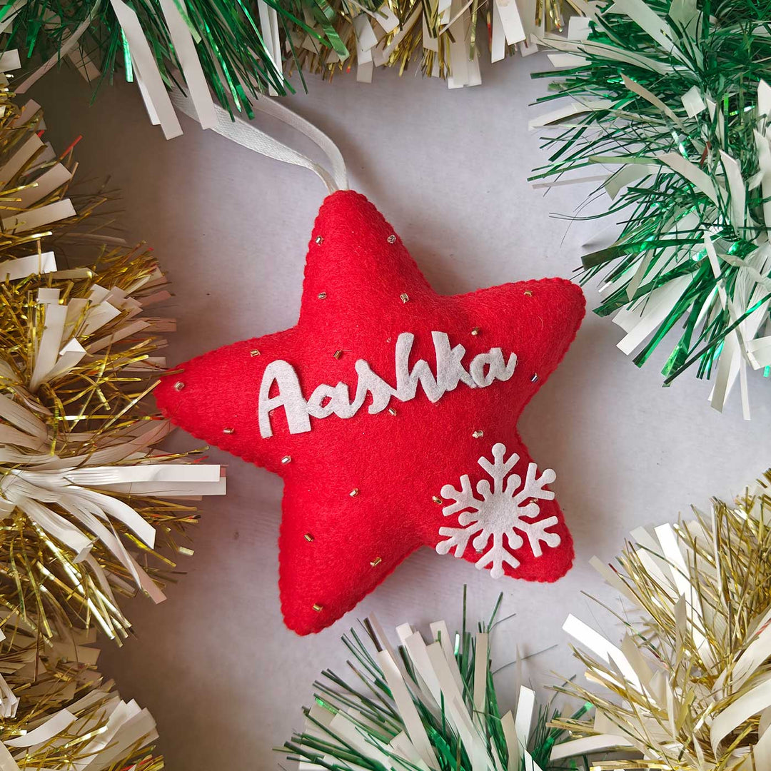 Personalized Red Star With Snowflake Felt Ornament For Christmas Tree Decoration