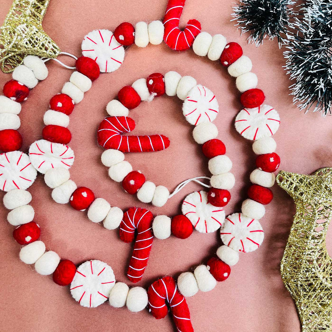 Handmade 3D Upcycled Candy Cane Felt Garland/ Bunting For Christmas Decoration