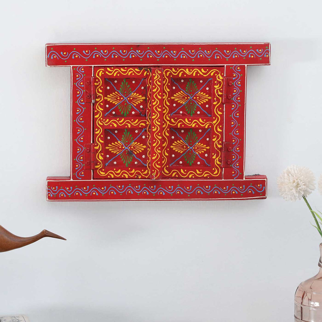 Handmade Decorative Red Wooden Window Wall Decor