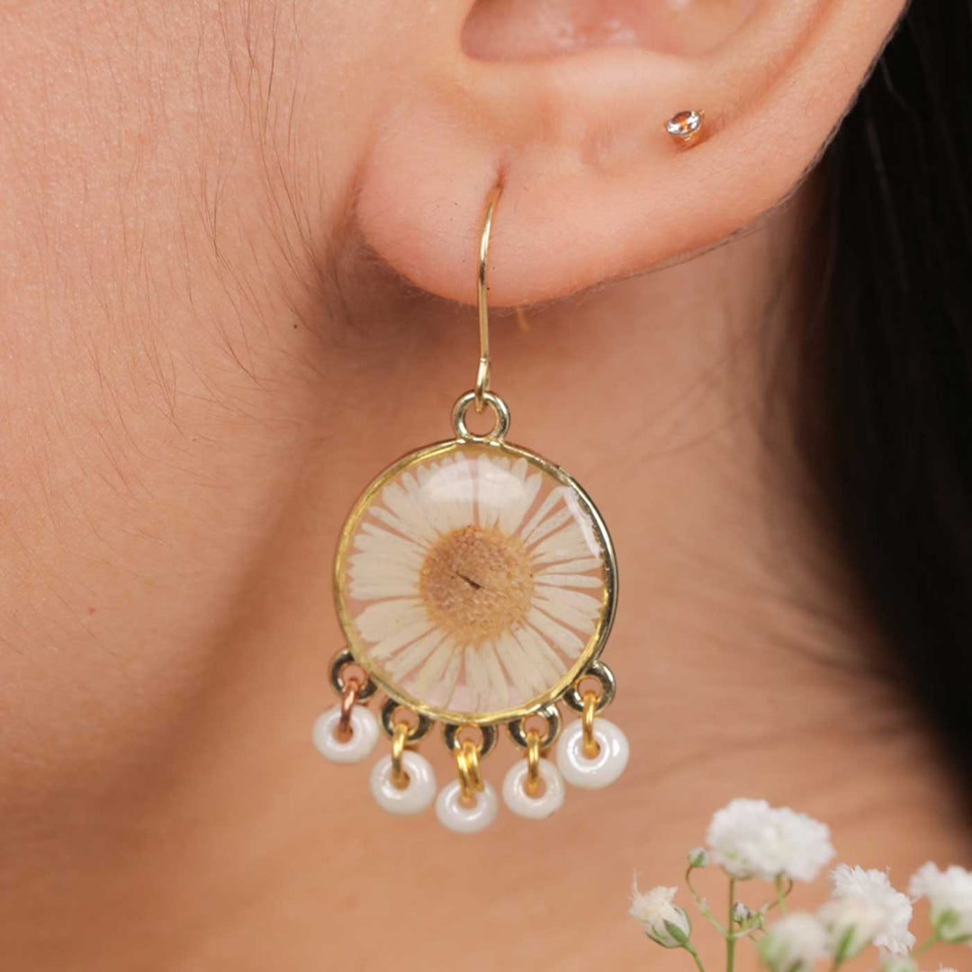 Handmade Preserved Flower Dainty Aster Brass Earrings