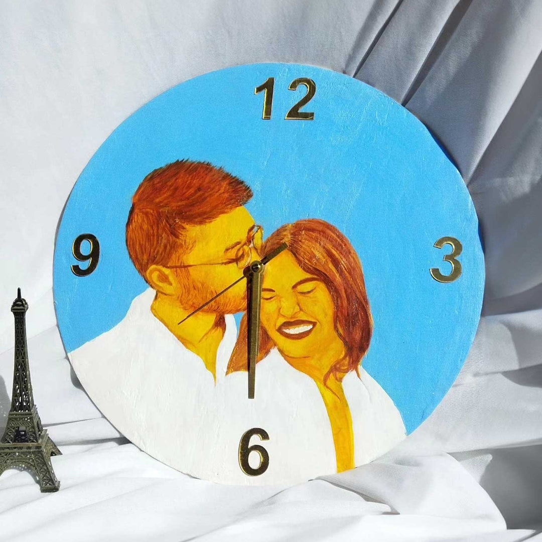 Personalized Photo Based Caricature Round Monochrome Blue Clock Portrait For Couples