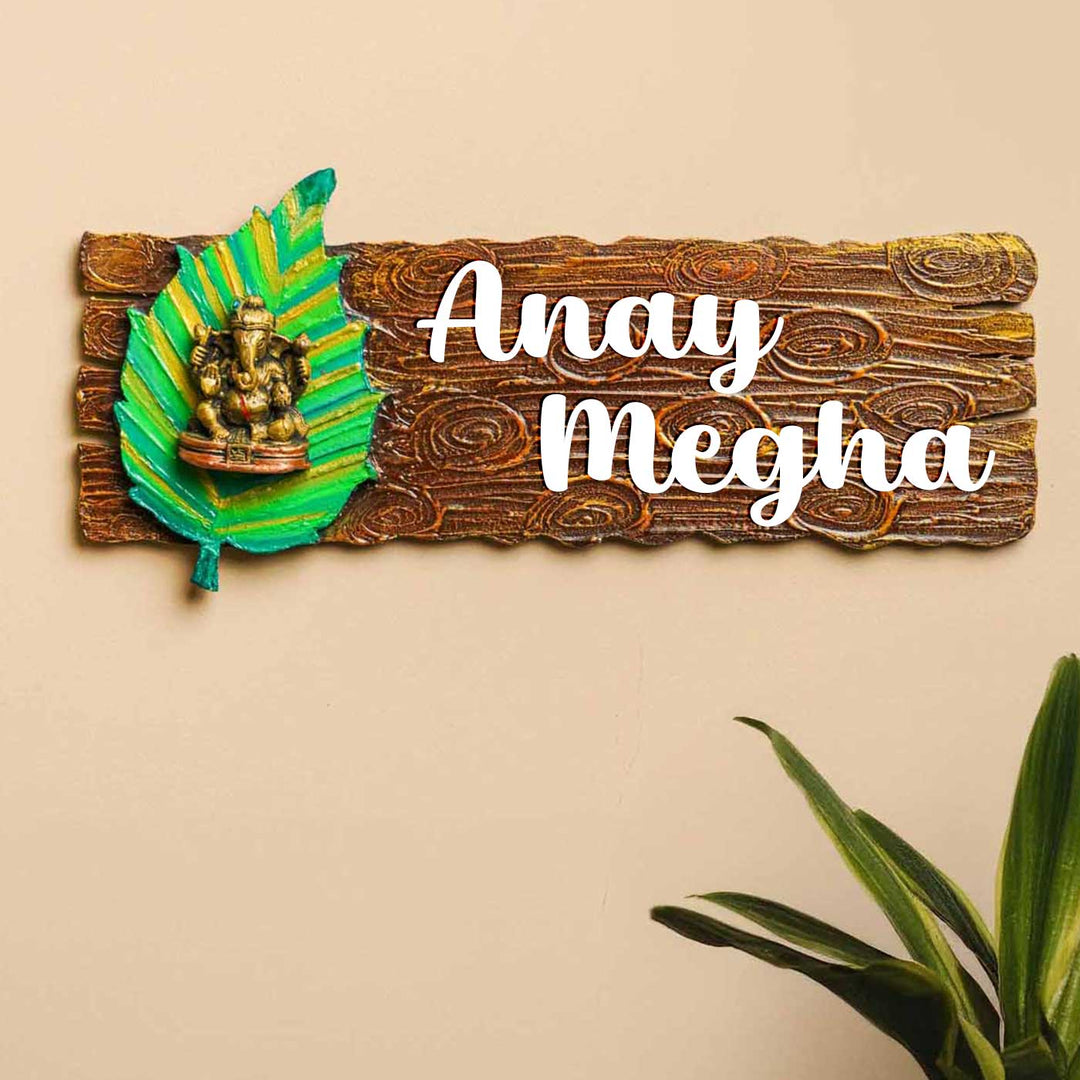 Personalized Ganesha On Leaf Theme MDF Wood Name Plate