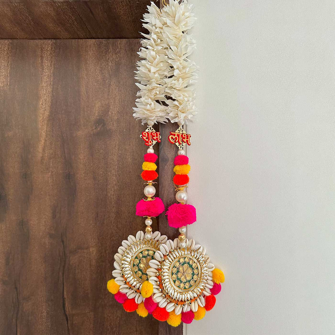 Handmade Pom Pom & White Gajra Shubh Labh Hanging With Shell Bangles