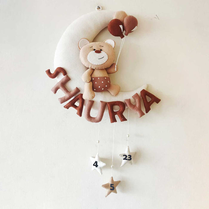 Hand-stitched Teddy Themed Felt Moon Nameplate with Birthdate For Kids