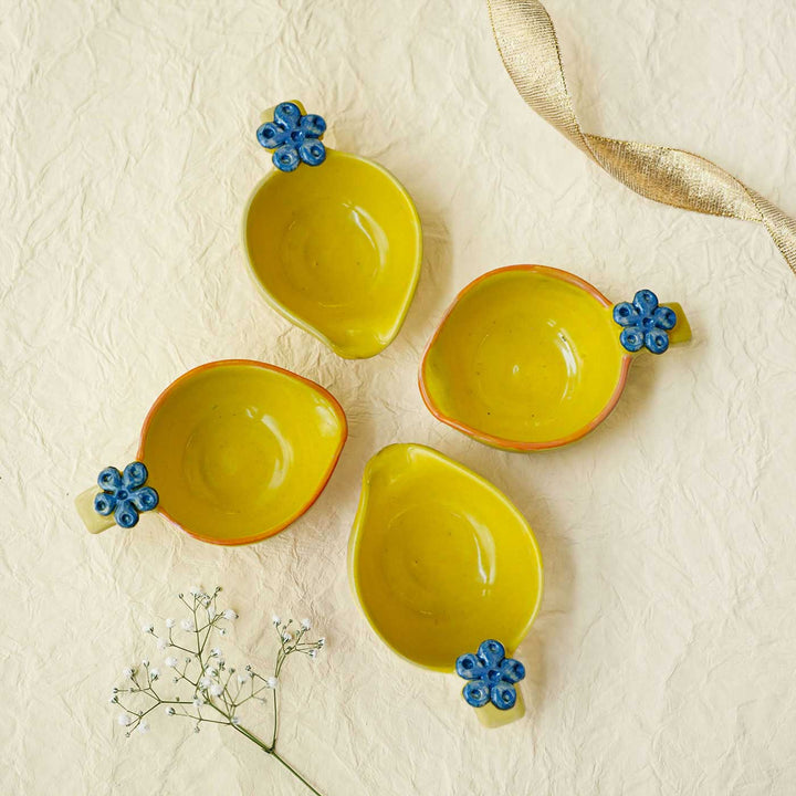 Handmade Sunlit Yellow & Blue Flower Ceramic Oil Lamp / Diya | Set of 4