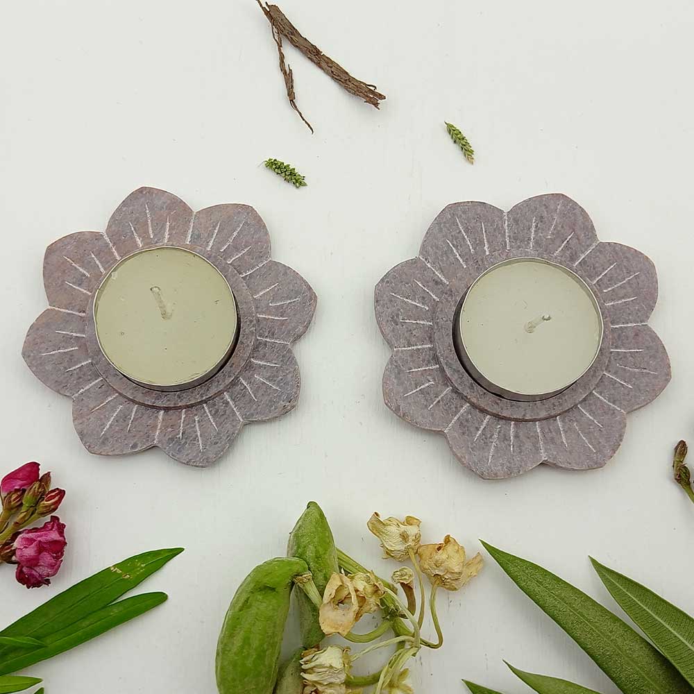 Handmade Grey Kanan Lotus Flower Tealight Holder | Set Of 4