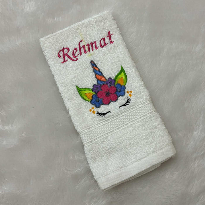 Personalized Embroidered Unicorn Head With Flowers Design Cotton Hand Towel