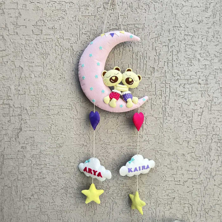 Personalized Handmade Pink Moon Felt Name Plate For Siblings