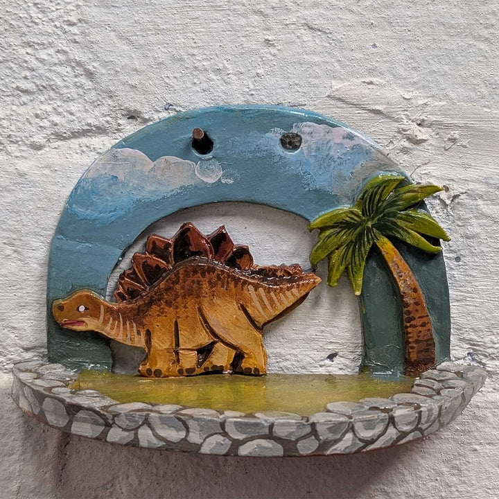 Hand-Painted Dino Theme Terracotta Hanging With Shelf