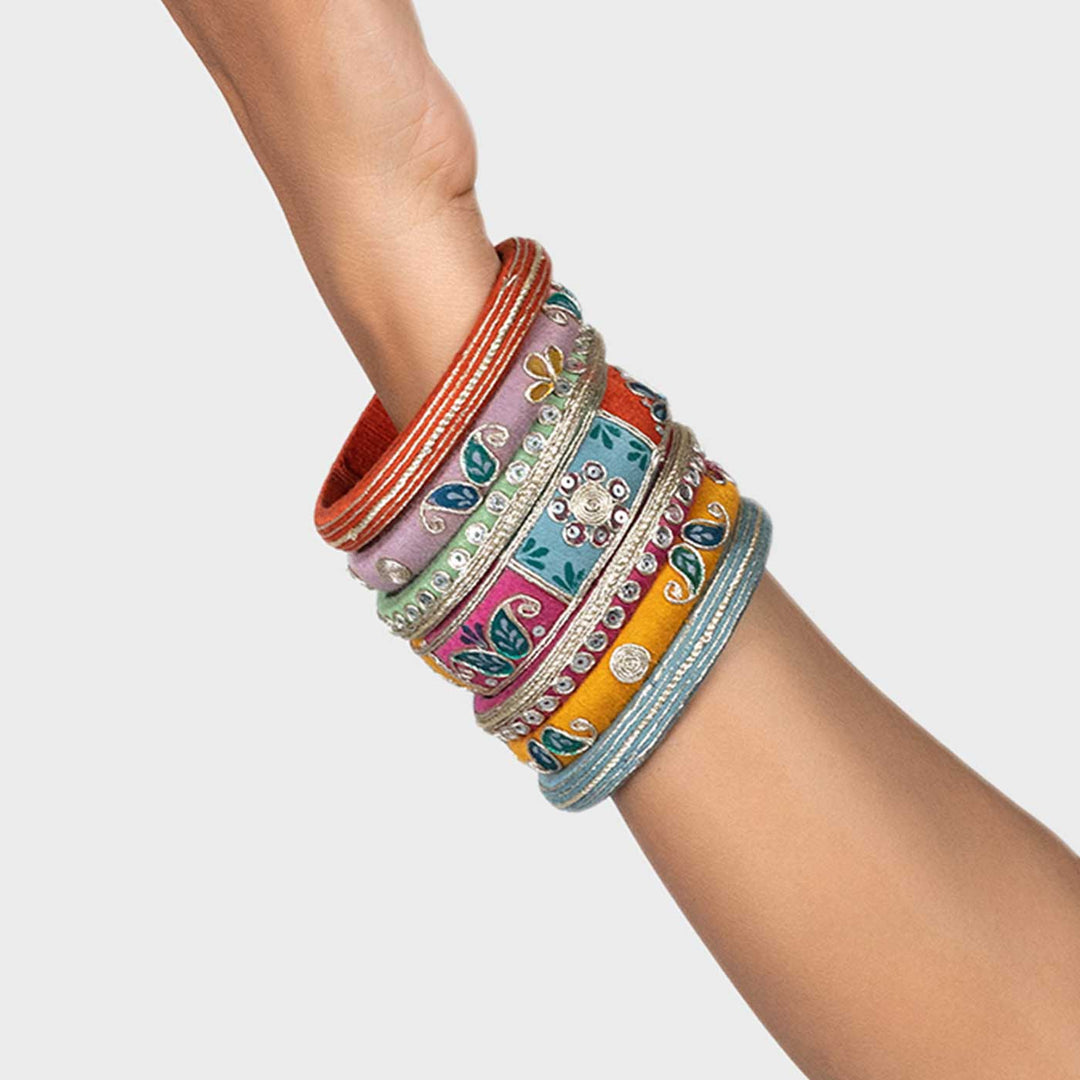 Pastel Handcrafted Kangana Silver Work Cotton Thread Bangles | Set of 7