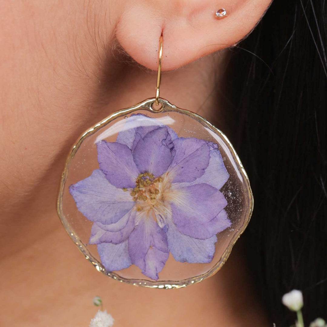 Handmade Preserved Flower Purple Delphinium Brass Earrings