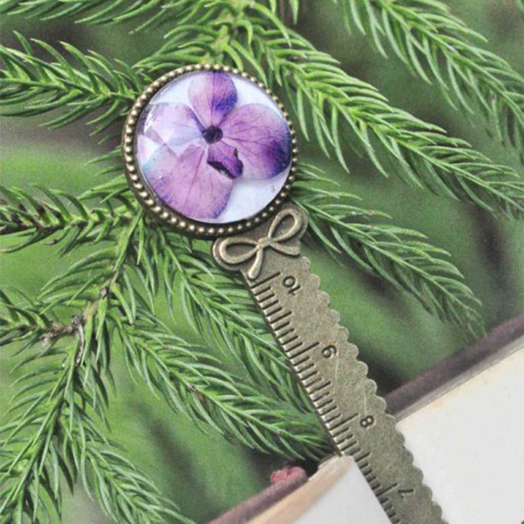 Handmade Amethyst Purple Hydrangea Preserved Flower Brass Bookmark With Ruler Markings