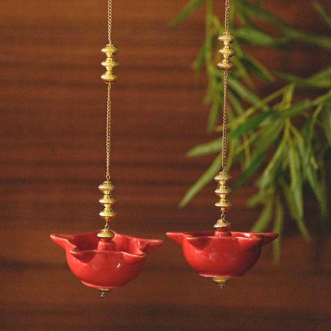 Handmade Red Mandir Hanging Ceramic Oil Lamp / Diya | Set Of 2