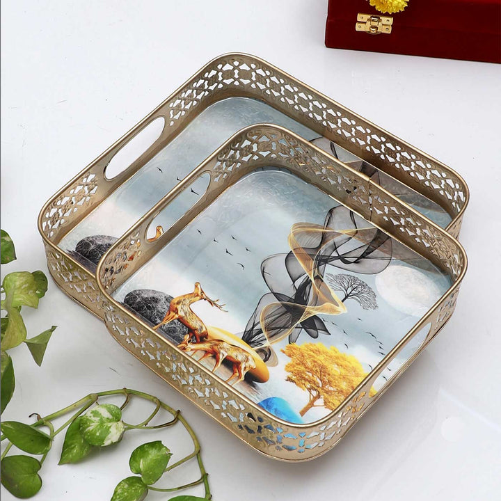 Handmade Square Gold Deer Tray | Set Of 2