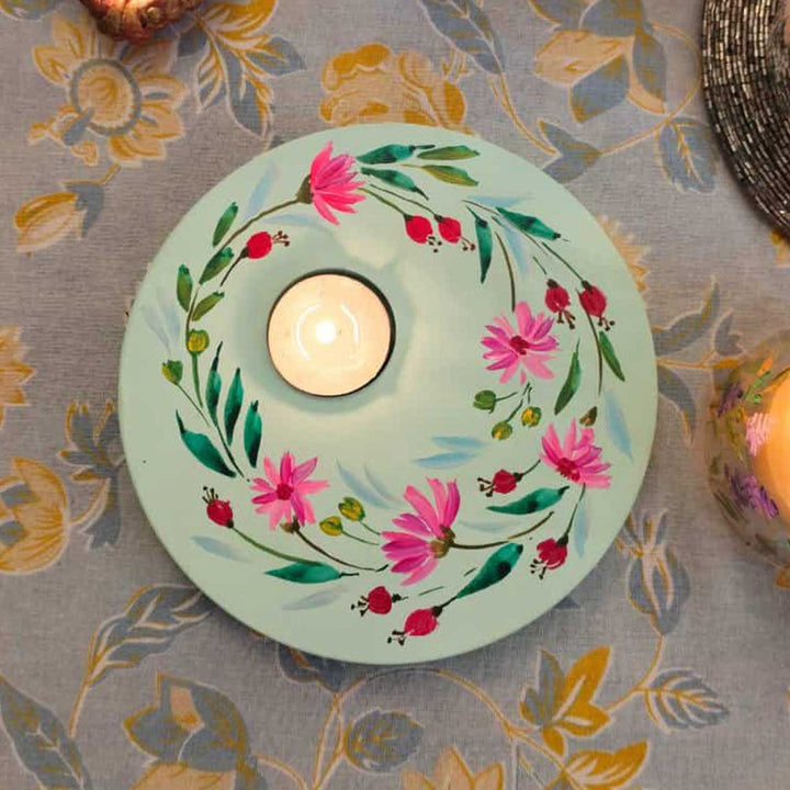 Hand Painted Floral MDF Wood Round Tealight Holder