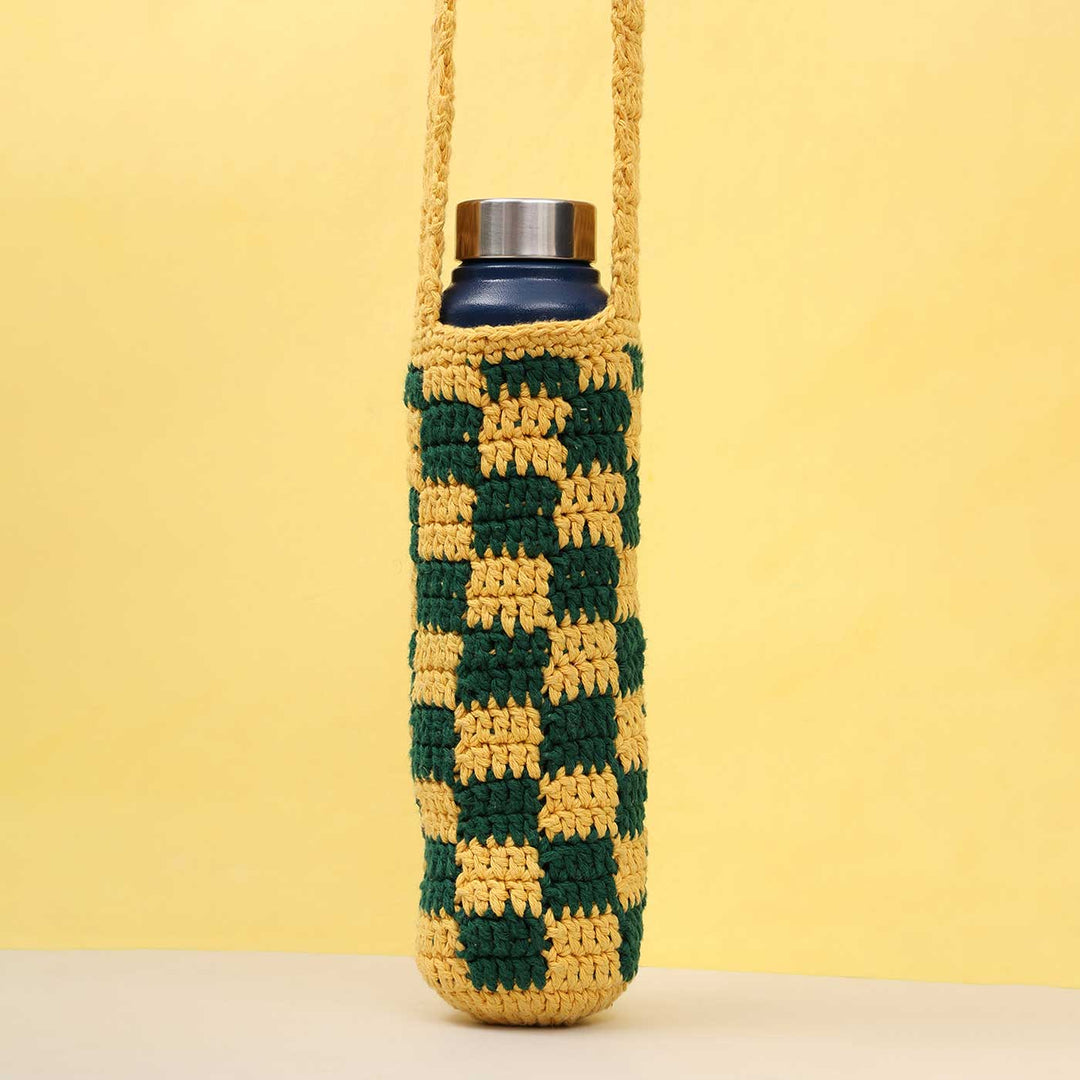 Handmade Crochet Green & Yellow Checkered Water Bottle Tote Bag