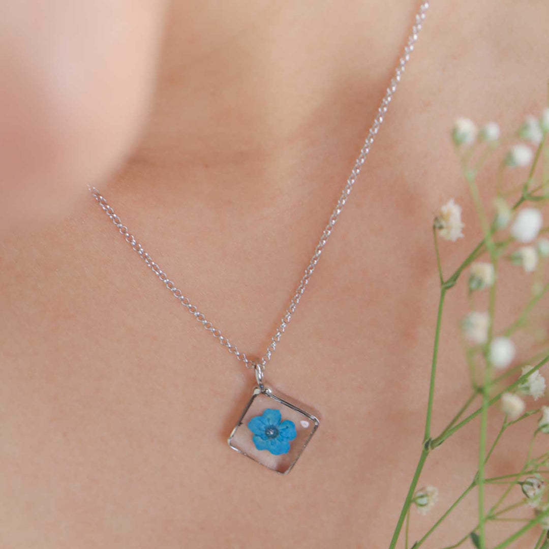 Handmade Preserved Flower Blue Forget Me Not Brass Necklace