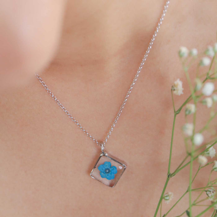 Handmade Preserved Flower Blue Forget Me Not Brass Necklace