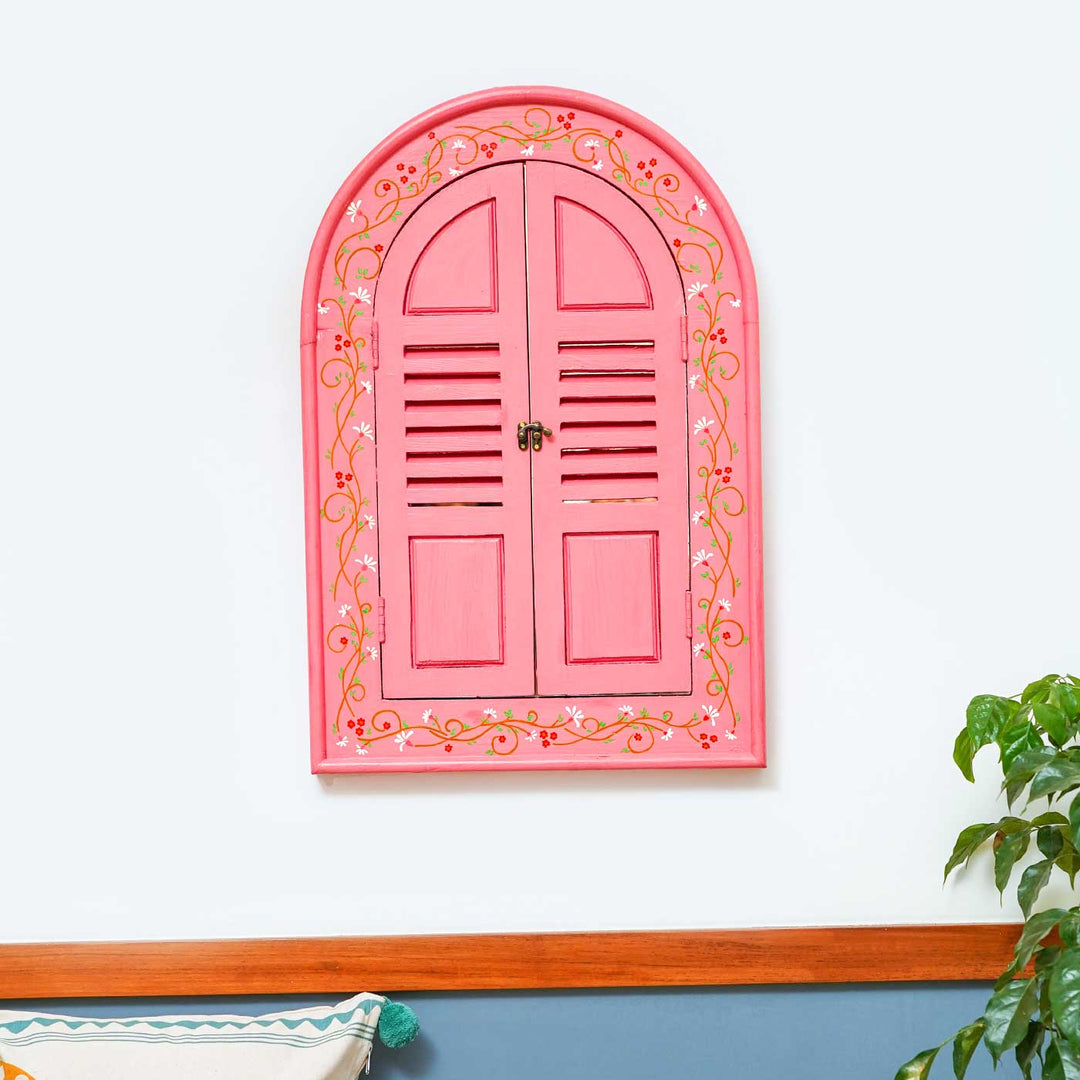 Handmade Pink Wildflower Wooden Window Frame With Mirror