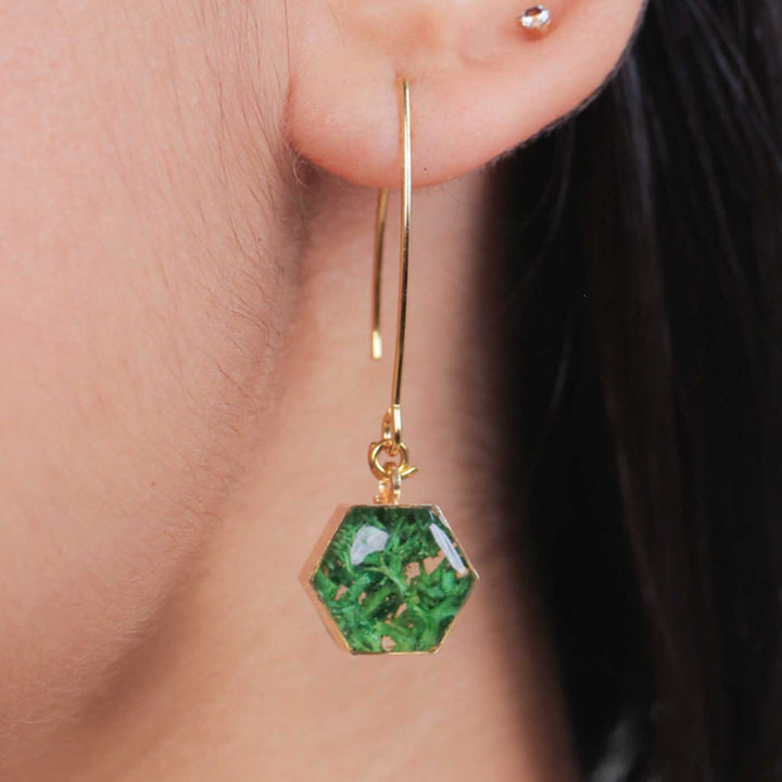 Handmade Preserved Flower Green Moss Brass Earrings