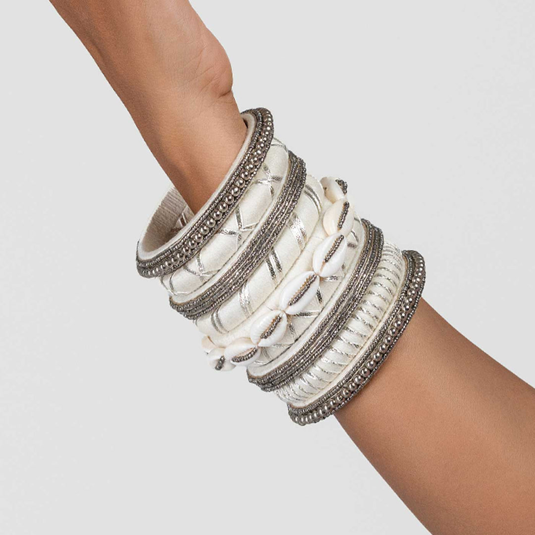 White & Silver Handcrafted Bandini Beaded Shell Bangles | Set of 9