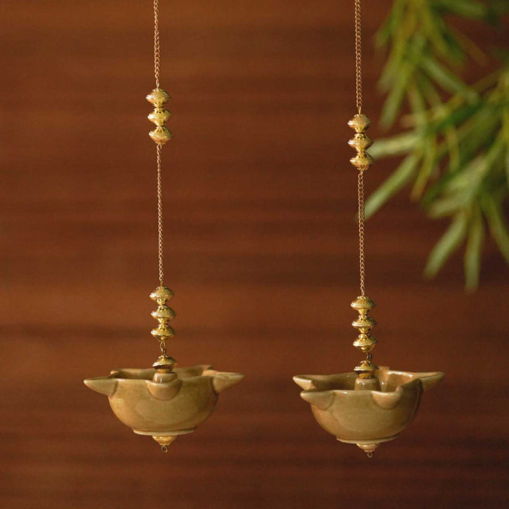 Handmade Ochre Mandir Hanging Ceramic Oil Lamp / Diya | Set Of 2