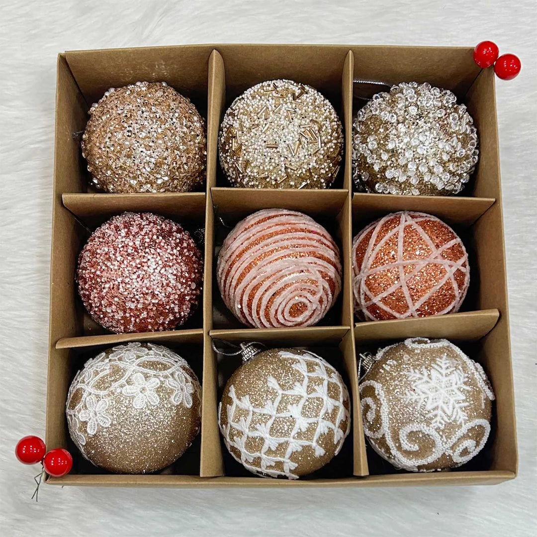 Handmade Gold & Rose Gold Shimmer Embellished Chirstmas Ball Ornaments For Decoration | Set Of 9