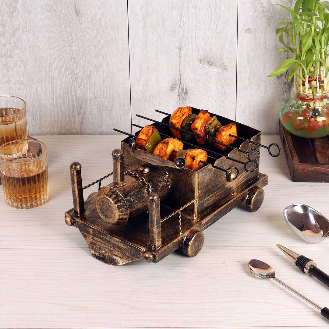 Handmade Barbeque Train Shaped Platter With Skewers