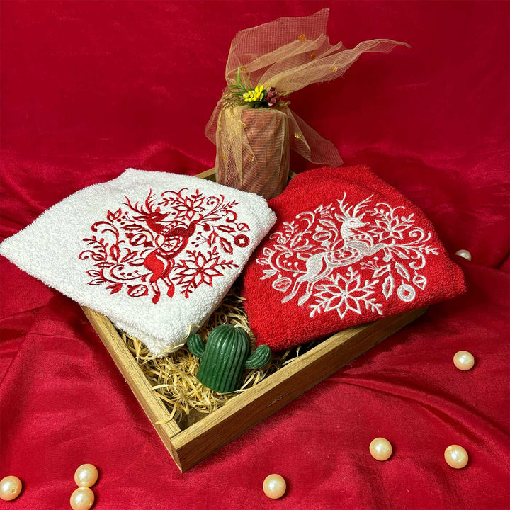 Personalized Reindeer Embroidered Towel & Candle Hamper | Xmas Gifting Ideas | Set Of 6