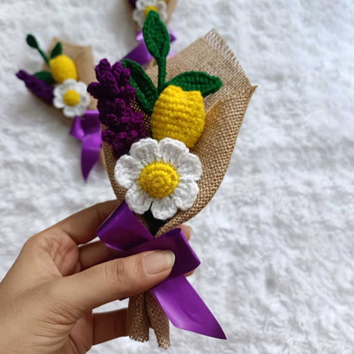 Handmade Crochet Flower Bouquet With Purple Bow