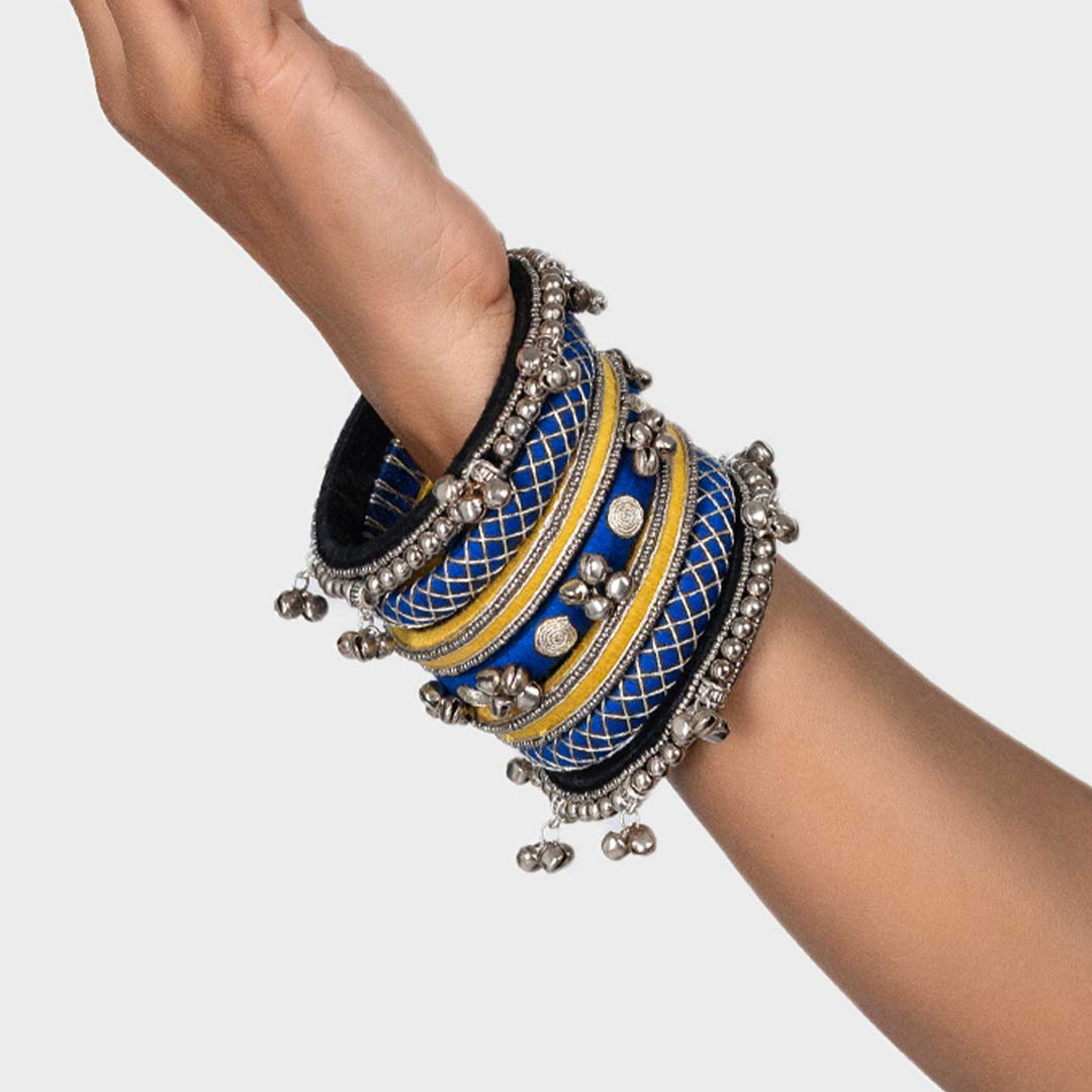 Blue & Yellow Handcrafted Meher Silver Ghugharu Bangles | Set of 7