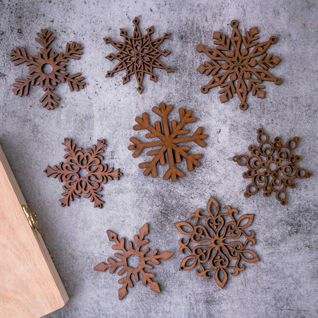 Handmade Snowflake 3D Laser Cut Wooden Ornaments For Christmas Tree Decoration | Set Of 8