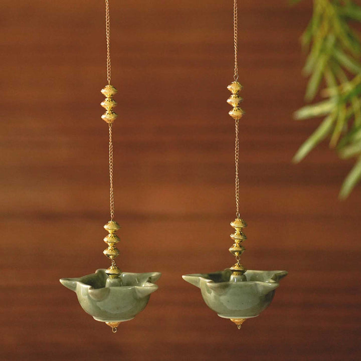 Handmade Green Mandir Hanging Ceramic Oil Lamp / Diya | Set Of 2