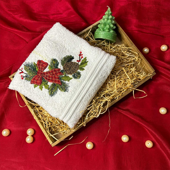 Personalized Pine & Bow Embroidered Towel & Candle Hamper | Secret Santa Gift Ideas | Set Of 3