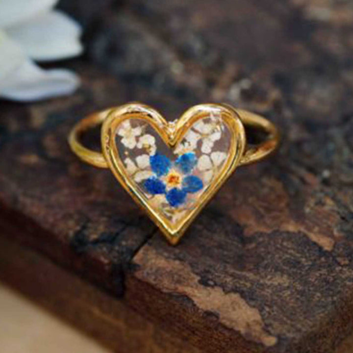 Handmade Preserved Flower Heart Shaped Serene Love Brass Ring