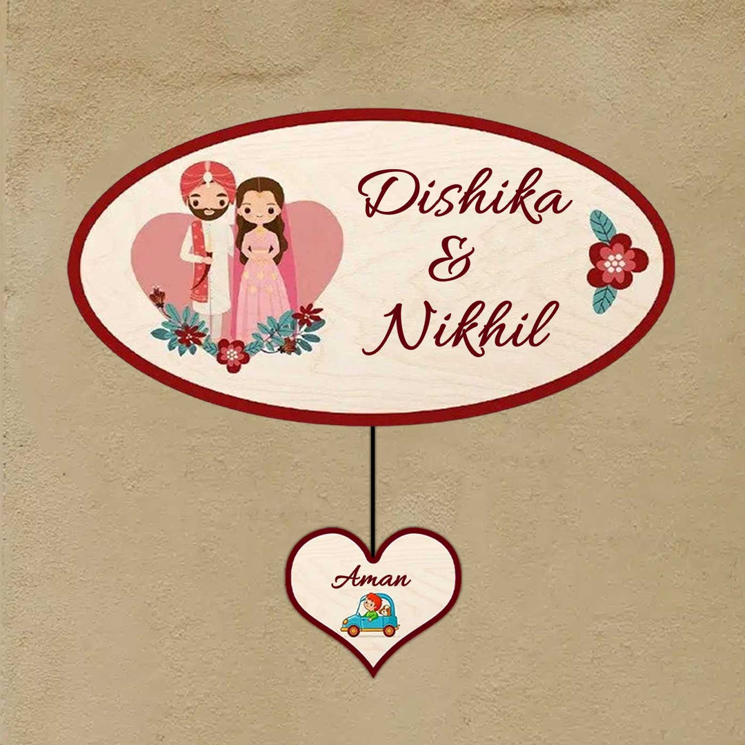 Printed Wooden Oval Sikh Couple Nameplate For Couples