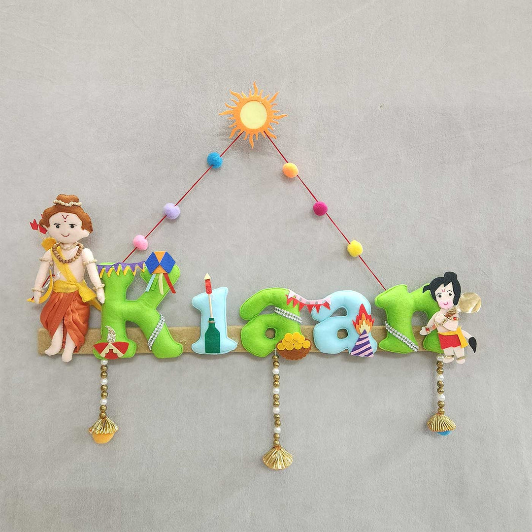 Personalized Shri Ram Ji & Hanuman Theme Felt Kids Name Plate