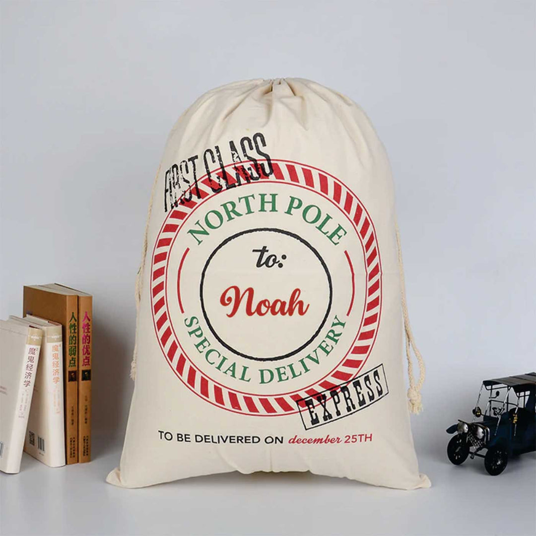 Personalized First Class North Pole Extra Large Muslin Gift Sack | Xmas Gifting Ideas