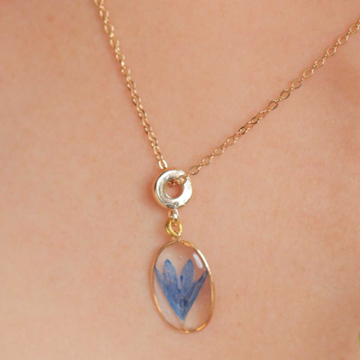 Handmade Preserved Cornflower Brass Necklace