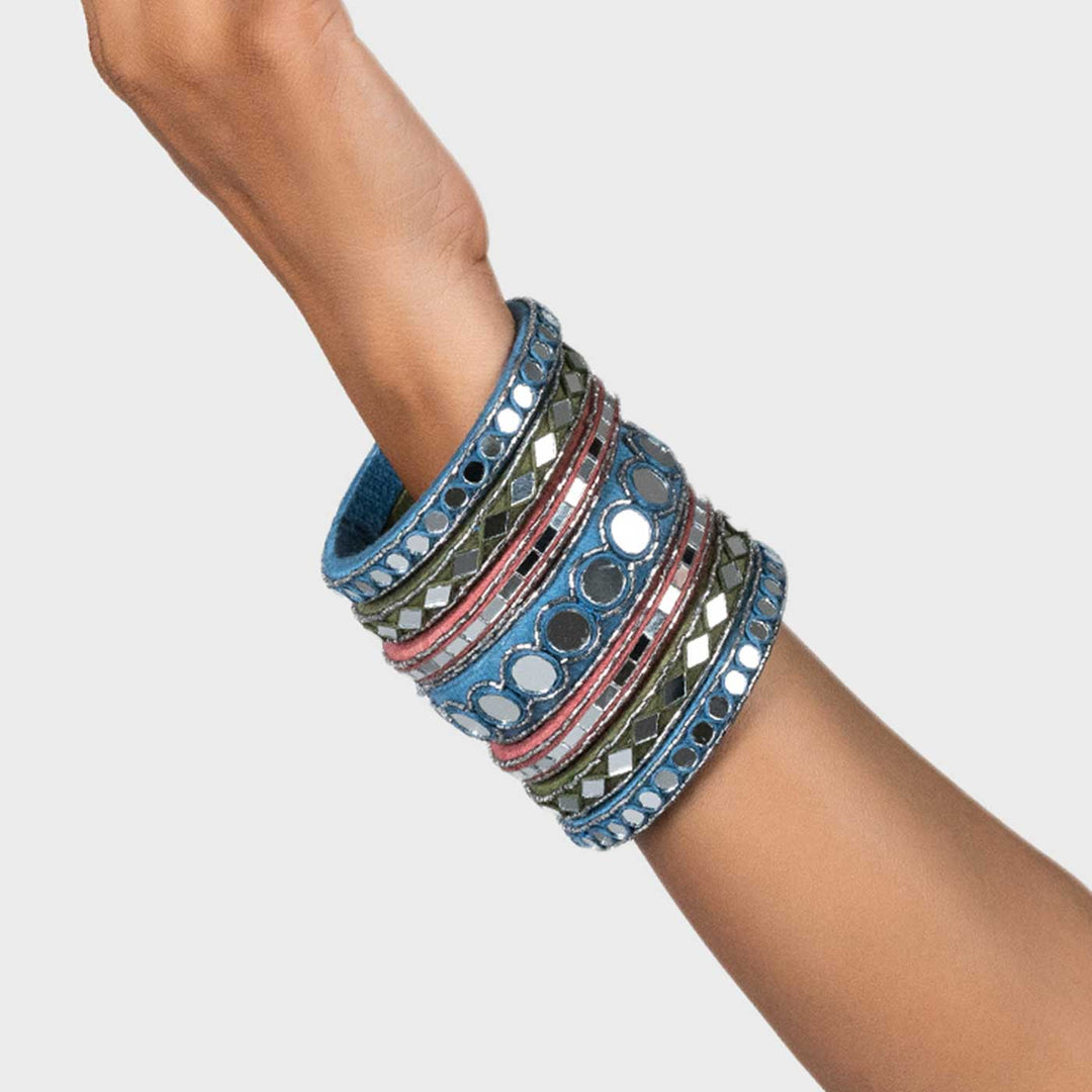 Multicolour Handcrafted Mirat Pastel Mirror Work Bangles | Set of 7