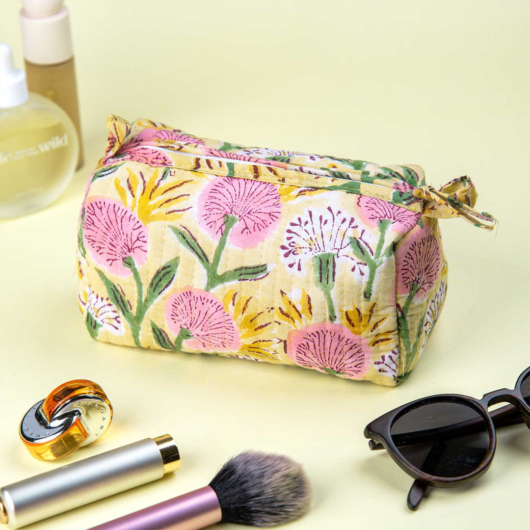 Handmade Block Printed Floral Meadow Quilted Cotton Toiletry Pouch