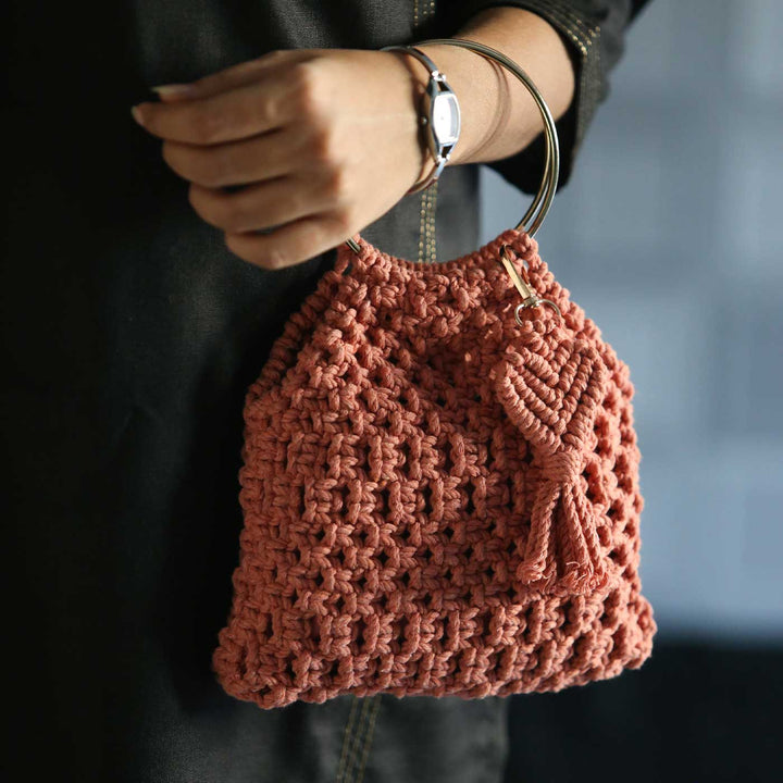 Handmade Macrame Handheld Bag With Metal Handle