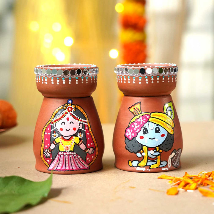 Handmade Krishna Radha Terracotta Tealight Holder | Set Of 2