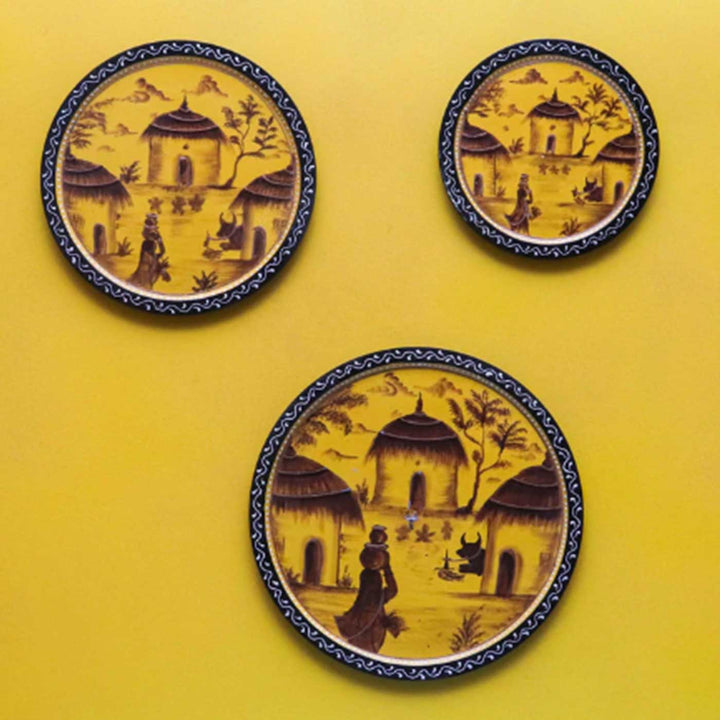 Hand-Painted Yellow Ornate Wooden Wall Plate | Set Of 3